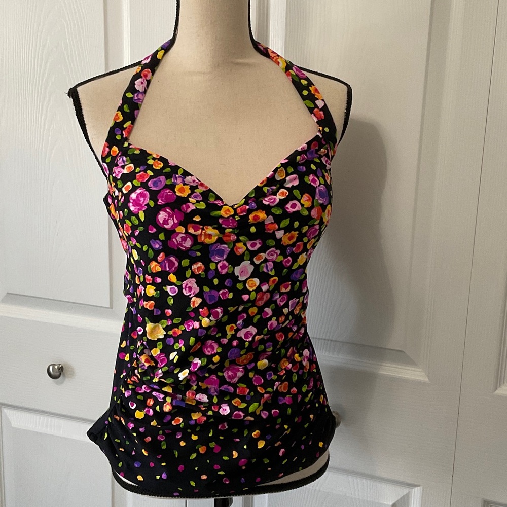 NWOT Anne Cole Lined Floral Tankini/ Swim Top, Black with multi colors, XL